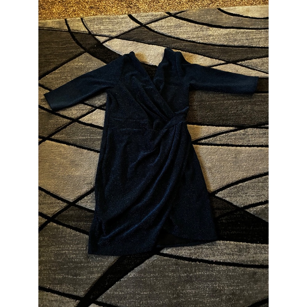 Zenobia Navy Blue Glitter Metallic Wrap V-Neck Cocktail Dress 3/4 Sleeve L